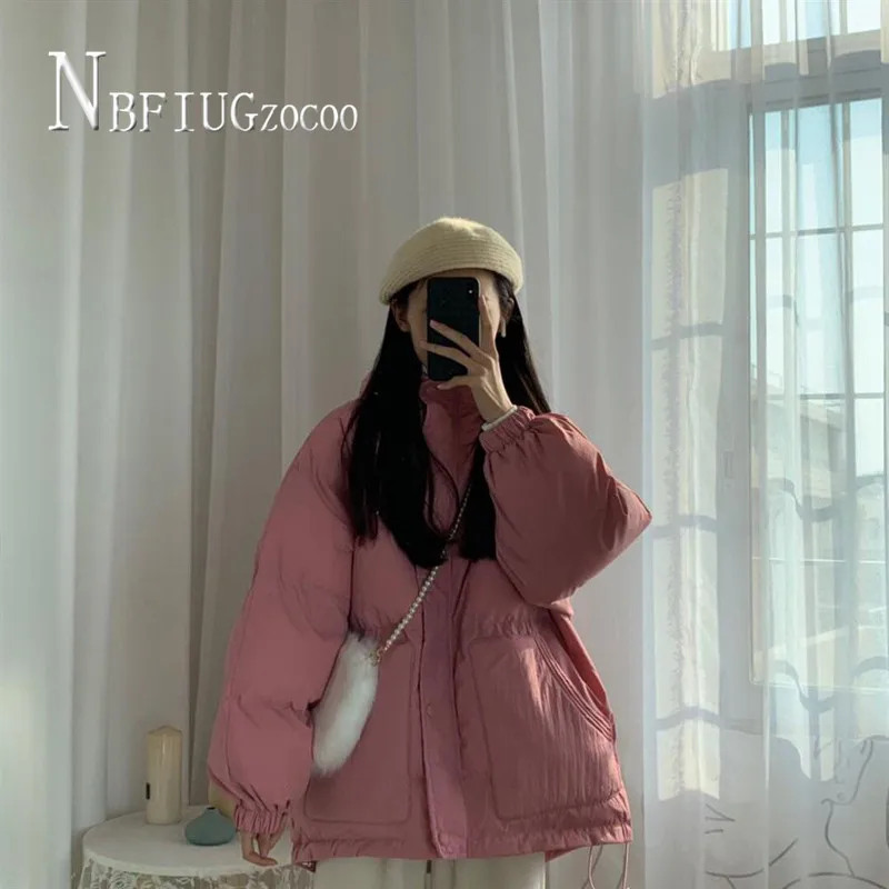 

Pink Color S-XL Loose Korean Women Parkas Big Pocket Female Overcoat
