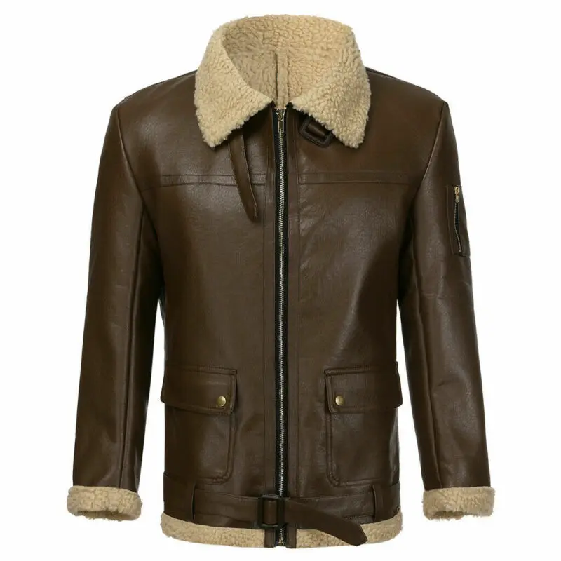 

Winter Men Lamb Wool Lined Leather Jacket Parka Outwear Coat Men Retro Fur Locomotive Jacket Zipper PU Leather Coat Warm