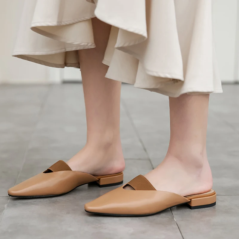 

100% Cow Leather 1cm Low Heels Women Slippers Pointed Toe Summer Ladies Slides Women Casual Mules Shoes Woman