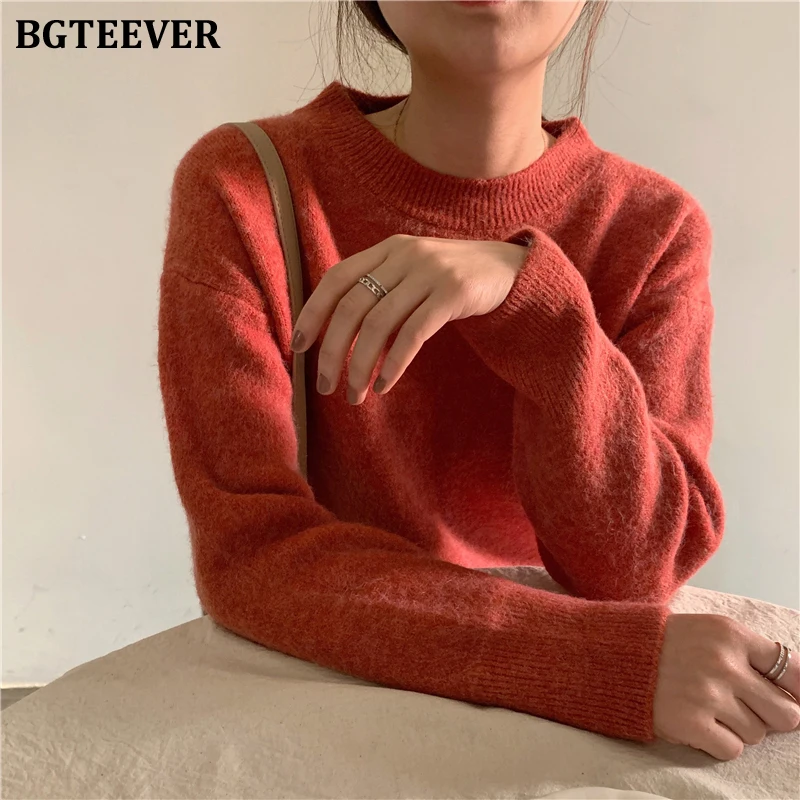 BGTEEVER яркие цвета Осень-зима Женский вязаный свитер с круглым вырезом Свободный