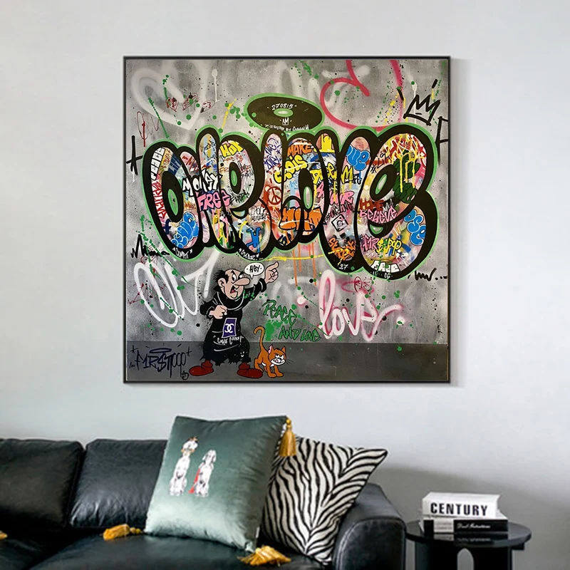 

Cartoon Graffiti Street Art One Love Canvas Painting Colourful Poster and Prints Wall Art Pictures for Living Room Decor Cuadros