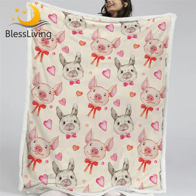BlessLiving Pigs Pink Blankets For Beds Watercolor Furry Blanket Cartoon Soft Blanket Cute Piglet Bunnies Sherpa Fleece Blanket 1