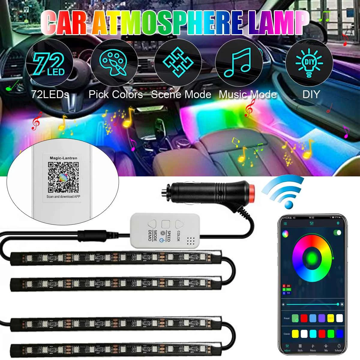 

APP Car Interior Ambient Light Neon LED Strip Foot Light with cigarette lighter Wireless Remote Music Auto Atmosphere Decorative