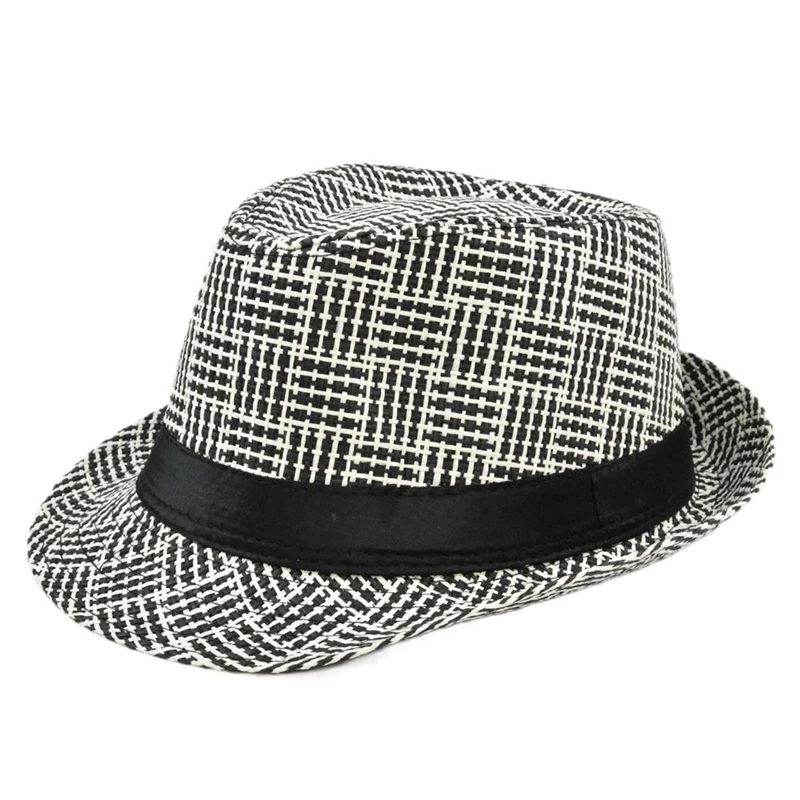 

Linen Fedora Hat Men and Women Grid Stripes Flat Edge Jazz Hat Panama Casual Sunshade Four Seasons Breathable Beach