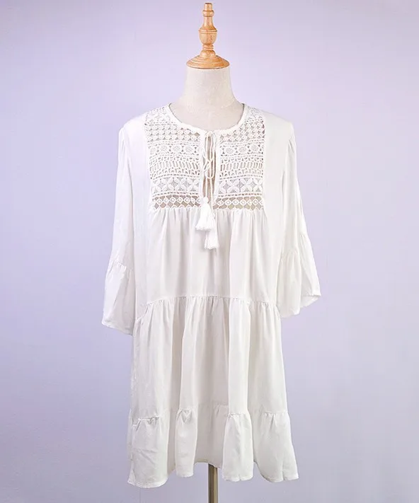 

Women Hollow Out Beach Dress White Cotton Tunic Bikini Cover Up Female Flare Sleeve Falbala Holiday Seaside Sun Protection Dress