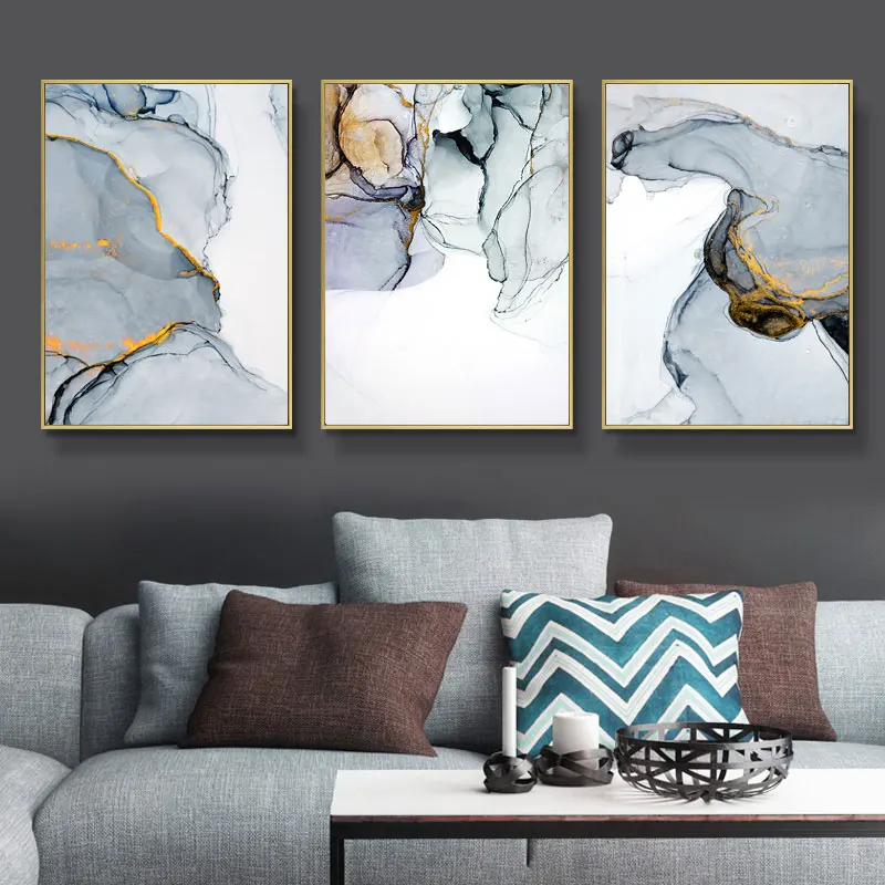 

Nordic Morden Abstract Blue-gray Line Wall Art Canvas Painting Golden Blue Smoke Art Poster Print for Living Room Wall Picture