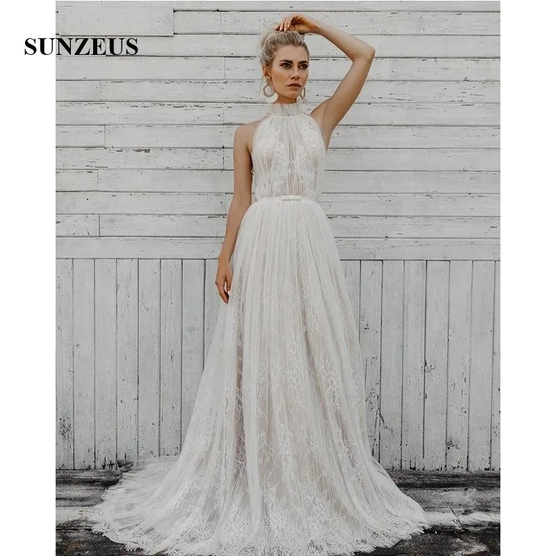 

Lace Vintage Wedding Dresses 2019 Pleats High Neck Sheer Back Bridal Summber Beach Wedding Gowns vestido de casamento