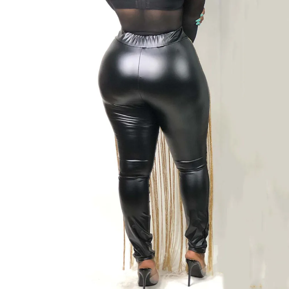 Женские теплые леггинсы из искусственной кожи черные облегающие брюки с