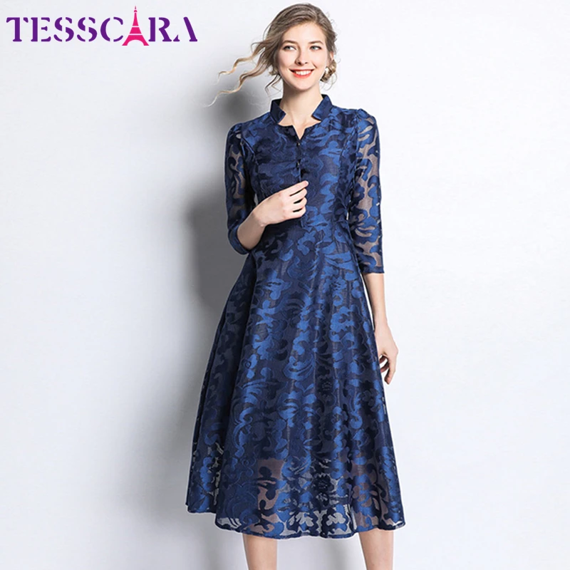 TESSCARA, женское весенне-осеннее элегантное кружевное платье, рубашка для женщин, высокое качество, Винтажный дизайн, красные платья, Длинные офисные вечерние платья