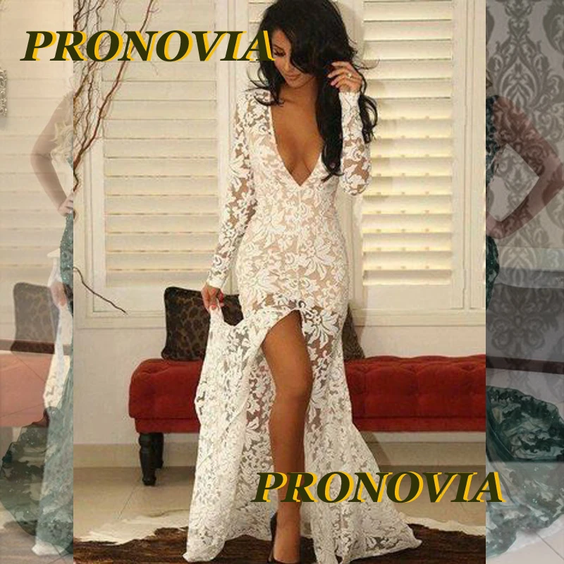 Женское вечернее платье с юбкой годе белое кружевное V образным вырезом длинным