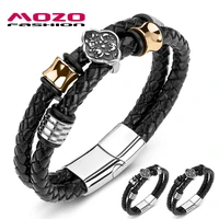 2020 male bracelet braided genuine leather stainless steel four leaf flower punk bangle hot jewelry