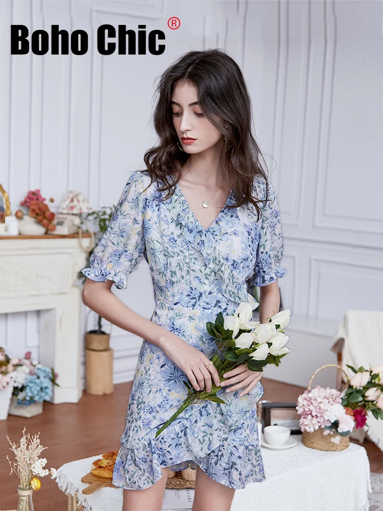 

Boho Chic Women's Floral Printed Ruffled Tie V Neck Smocked Waist Layered Vintage Chiffon Mini Dress