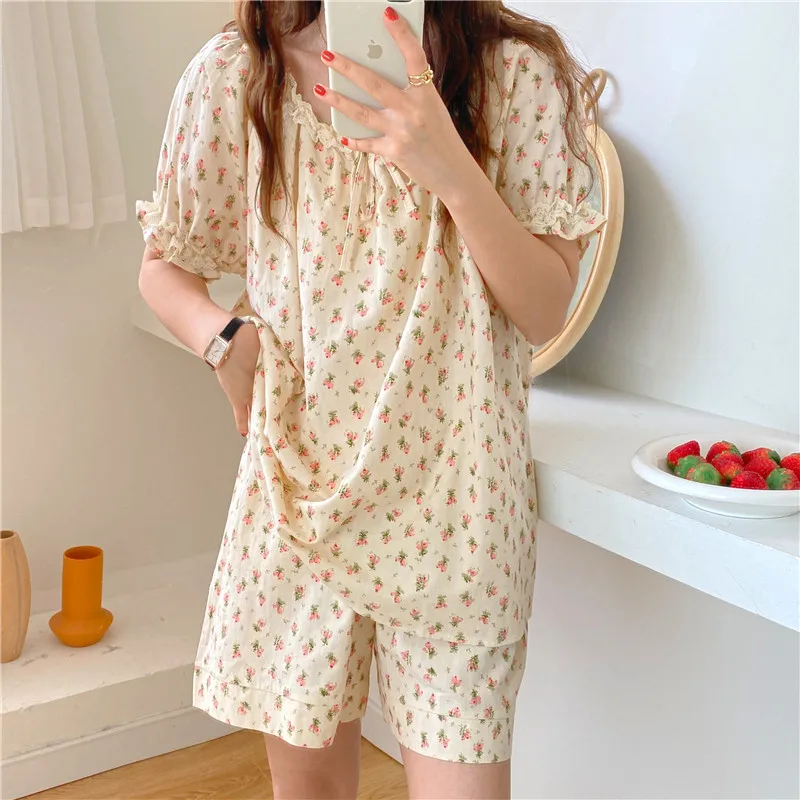 

short sleeve floral print pajamas set women cotton home clothes 2 piece set lace tops shorts pyjamas soft sleepwear