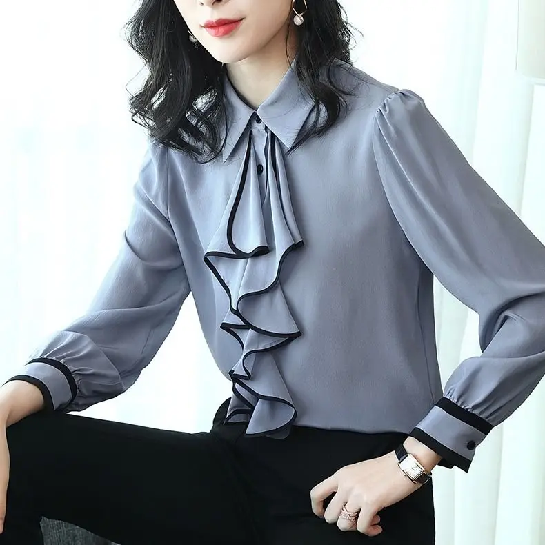 

Женская шифоновая блузка с оборками, повседневная офисная рубашка с длинным рукавом, весна