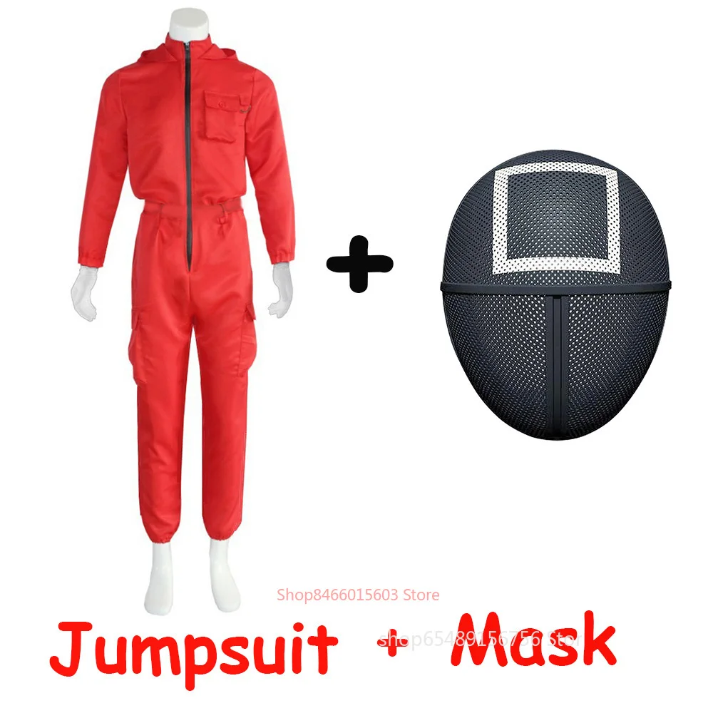 

Squid Game Red Hood Replica Cosplay Jumpsuit Circle Triangle Square Icon Plastic Black Headgear Halloween Costume Props