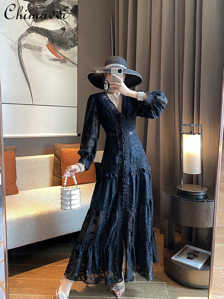 

French Style Elegant Maxi Dress Women 2021 Spring Fashion Design Niche V-neck Dress High-end Black Lantern Sleeve Slim Dress