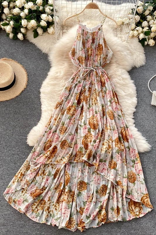 

Chain Halter Female Summer Retro Floral Design Irregular Long Pleated Chiffon Holiday Dress