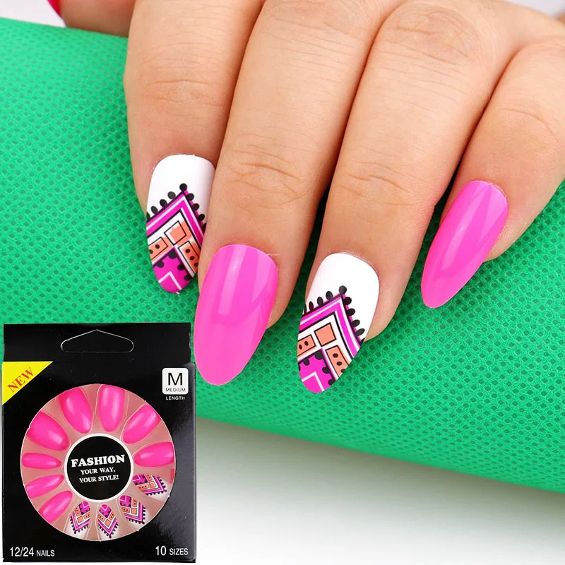 12Pcs Long Stiletto False Nail Tips With Glue Colorful Full Cover Fake Nails Tips Manicure Press On Nails Charms