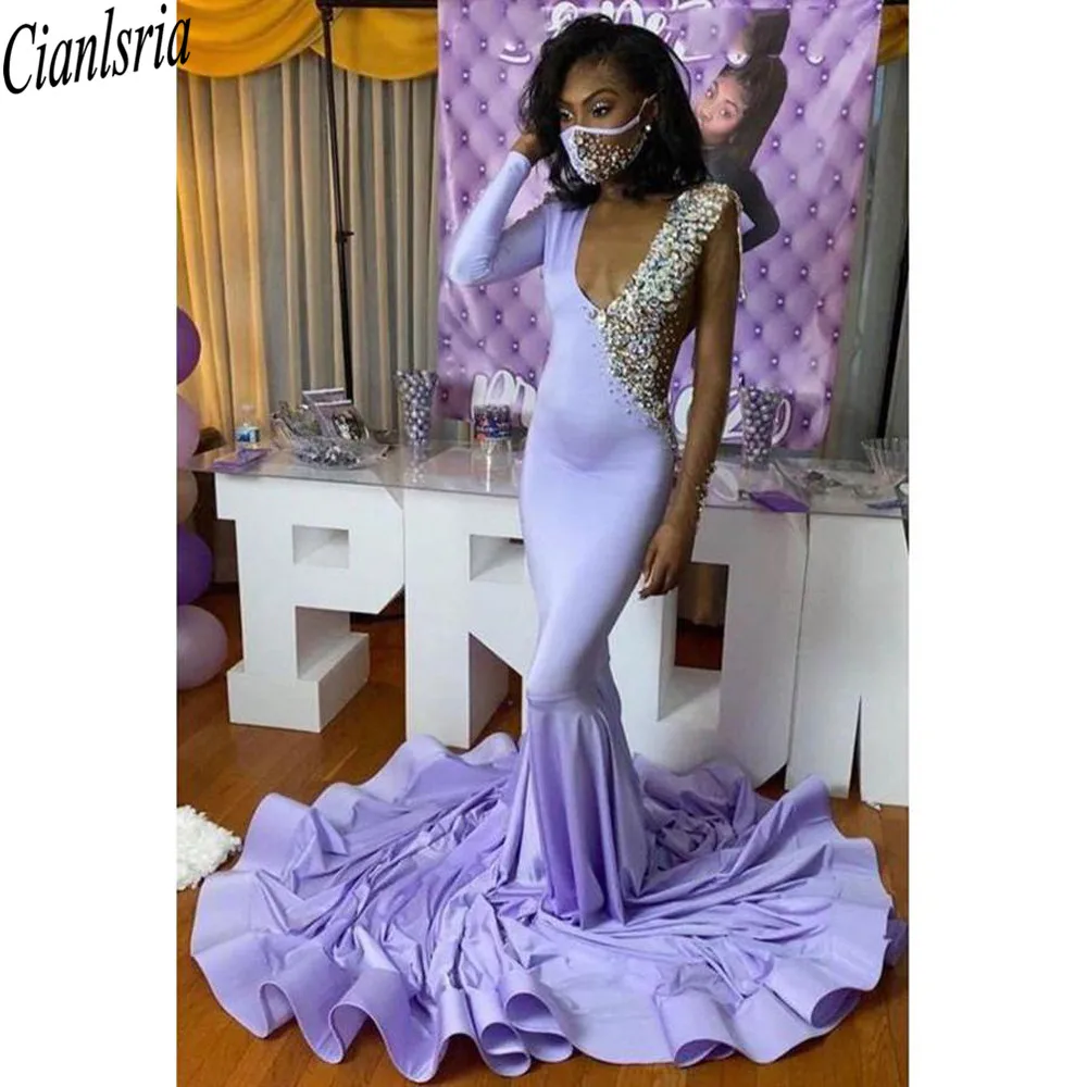 

Sweep Train Mermaid Prom Dresses with Rhinestone Sexy V Neckline Aso Ebi Bride Party Evening Gowns Long Sleeves Robe De Marrige