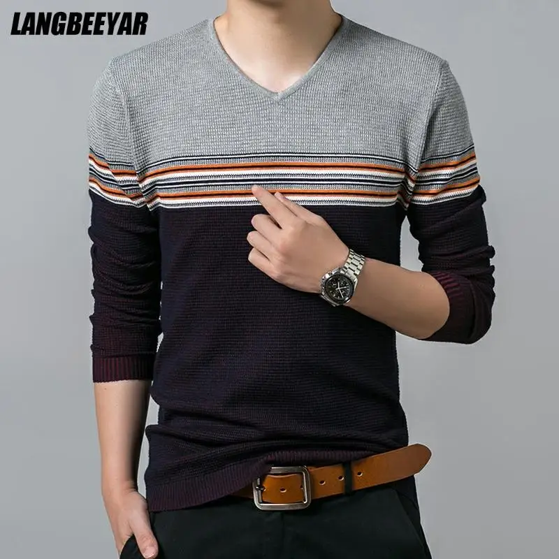 

New Fashion Brand Korean Slim Fit V Neck Knitted Jumper Men Pullover Striped Sweater Autum Thin High Quality Casual Men Clothes