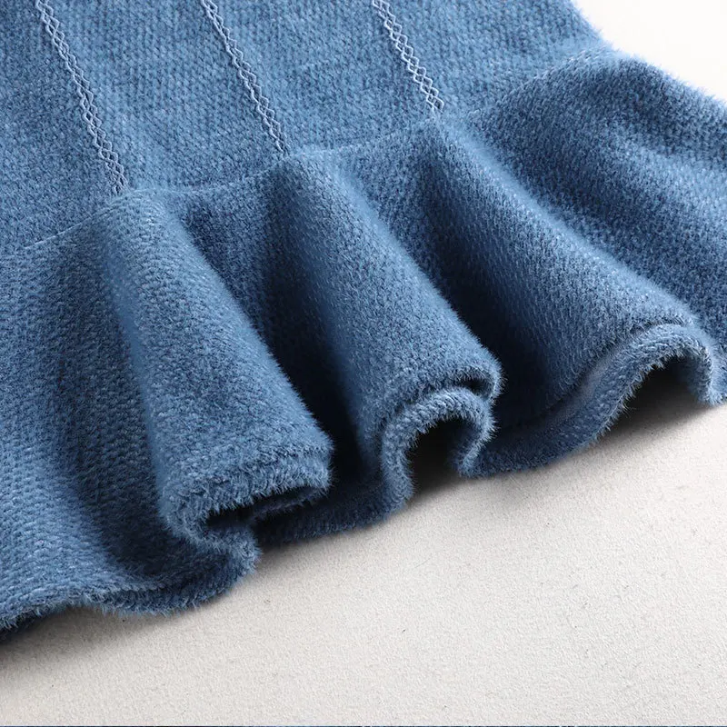 

Women Straight Mermaid Dresses Autumn and Winter Vintage Warm Blue Round Neck Long Sleeve Velvet Plus Size Clothing 4xl 5xl