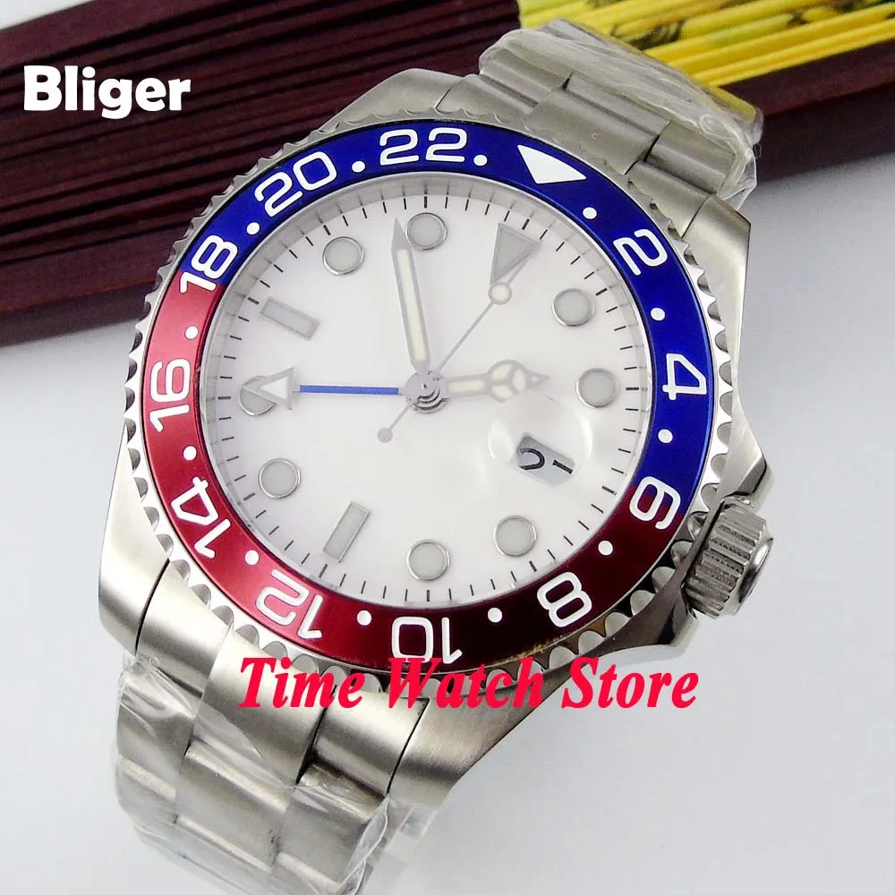 

Мужские часы Bliger, белые стерильные часы с циферблатом GMT, красный и синий ободок, сапфировое стекло, автоматическое движение, 43 мм, 356