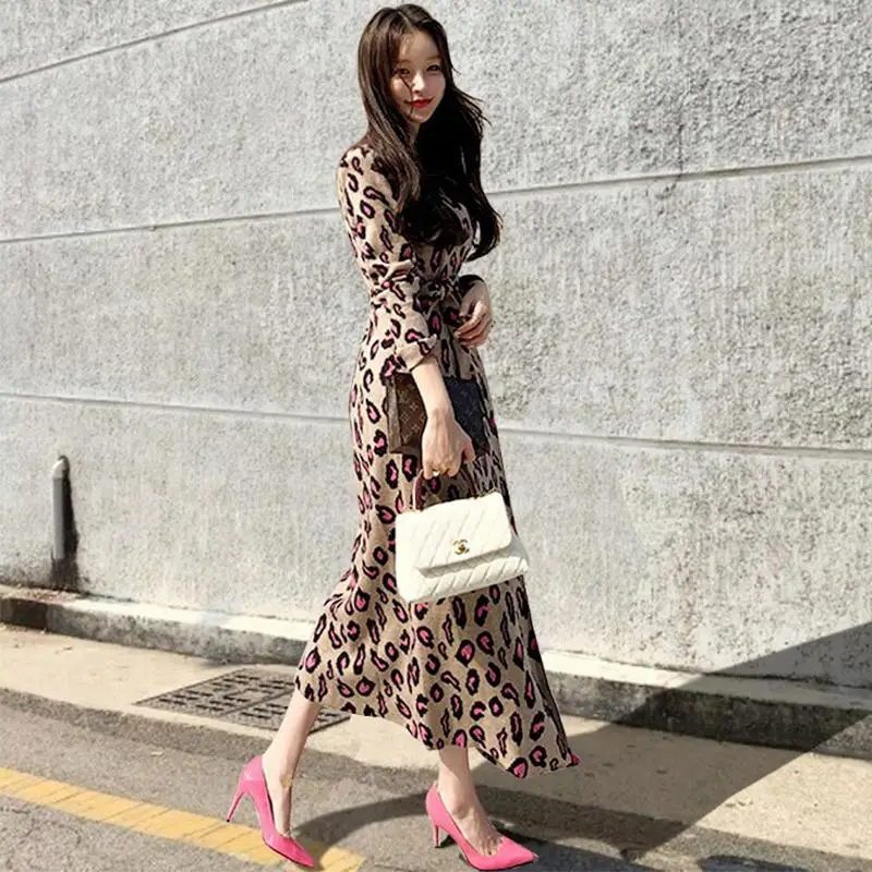Vintage Leopard Print Long Maxi Dress Autumn V-neck Lace Up Bodycon Dress Knitted Split Winter Women Dress Party Vestidos S-2XL