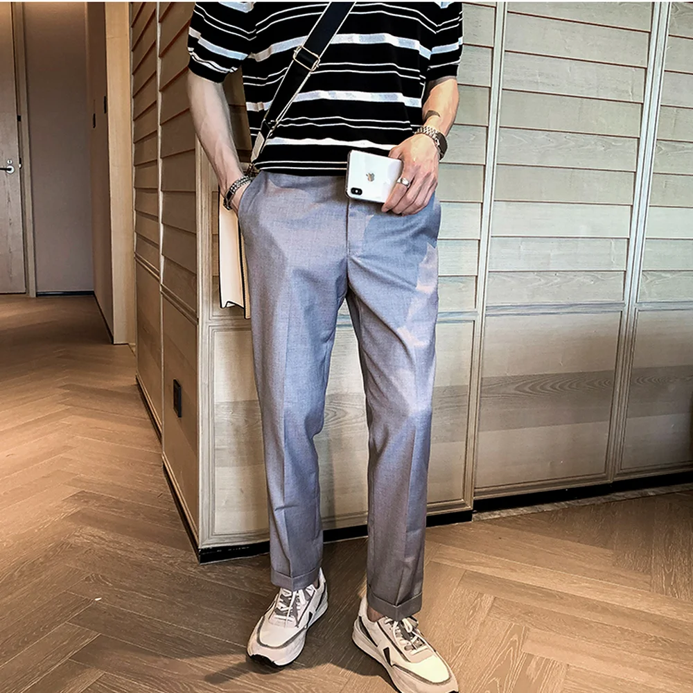 

2021 Fashion Solid Color Men Suit Pants Office Social Business Dress Pants Ankle Length Casual Slim Wedding Trousers Streetwear