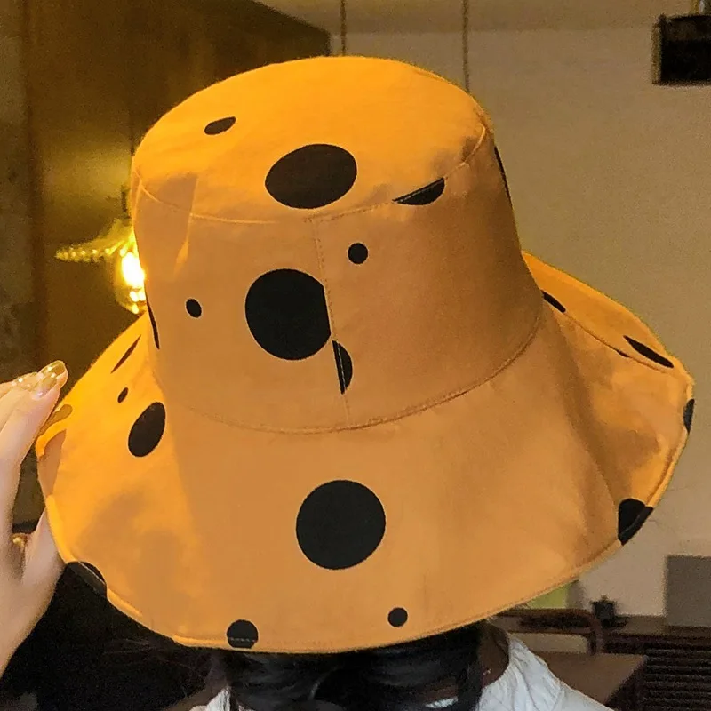 

Women Summer Wide Brim Floppy Bucket Hat Vintage Irregular Polka Dot Print Sunscreen Foldable Cotton Fisherman Cap Gorros