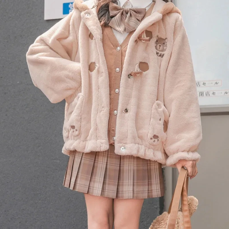 

Kawaii plush hooded female cute bear cartoon embroidered jacket female Japanese preppy style sweet winter leisure warm outerwear