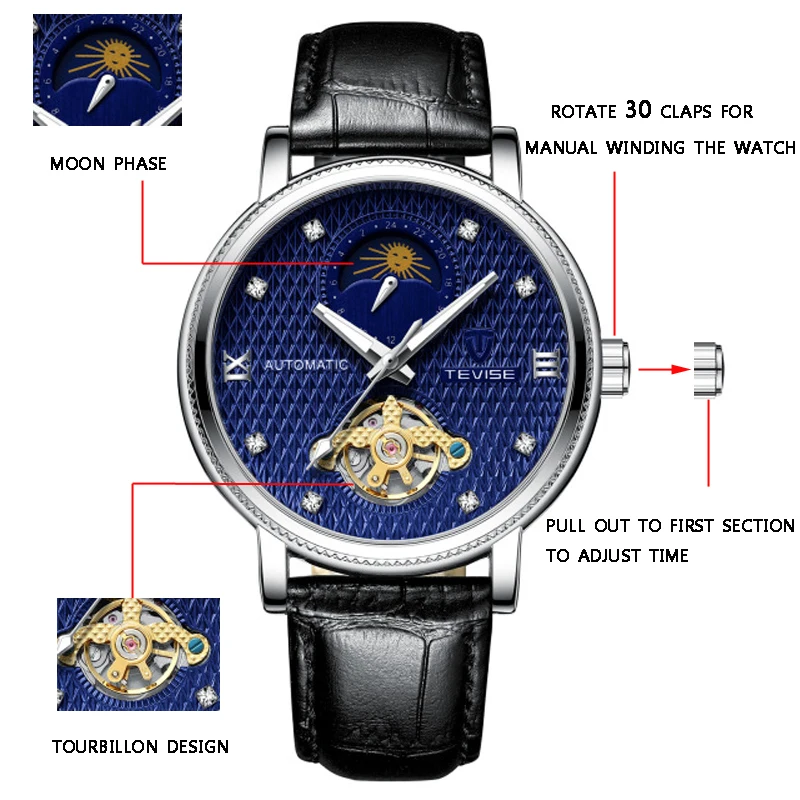 Tevise автоматические Tourbillon механические часы водонепроницаемые часы мужские роскошные Брендовые спортивные мужские часы с автоматическим подзаводом Relogio Masculino