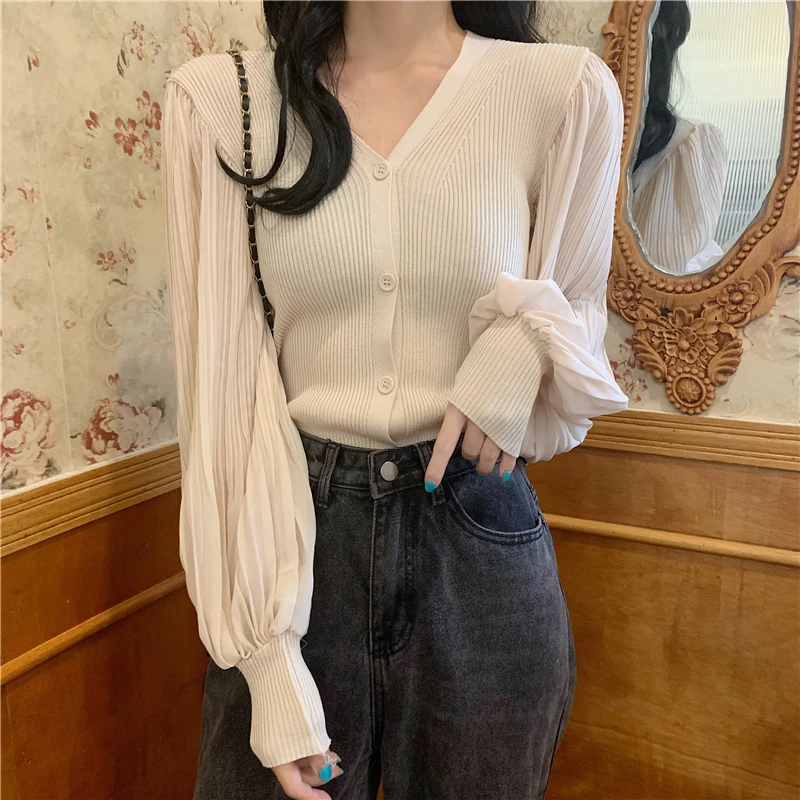 

Stitching Knitted Fabric Cardigan Tops Mujer Blusas Female Korean V-neck Lantern Sleeve Chiffon White Black Button Up Shirt 1485