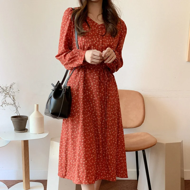

Vintage V-neck Slim Waist Women Dress Front Button Lace Up Full Sleeve Midi Dress Female Floral Print Vestidos femme 2019 Autumn