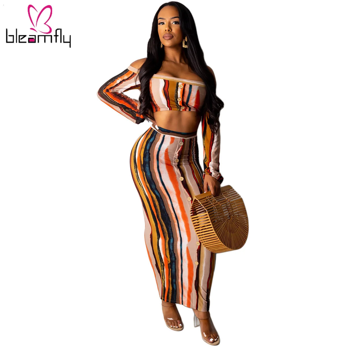 2019 Женский Осенний топ с принтом в полоску открытыми плечами и пуговицами +