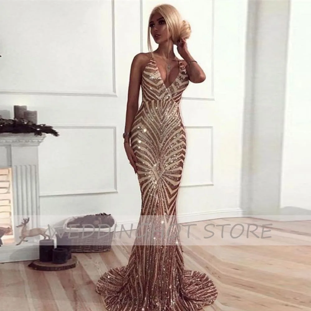 

Sequin Mermaid Evening Dresses Long 2021 Spaghetti Strap V-Neck Sexy Backles Prom Party Gowns Custom Plus Size vestido de fiesta