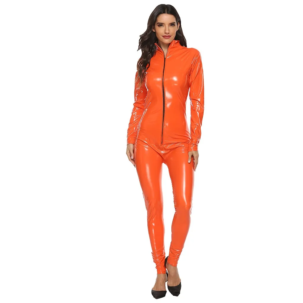 

Sexy Faux Leather Rompers Catwomen Jumpsuit Long Sleeve Zipper Open Tights Orange Pu Full Bodysuit Playsuit Sexy Babydoll #W