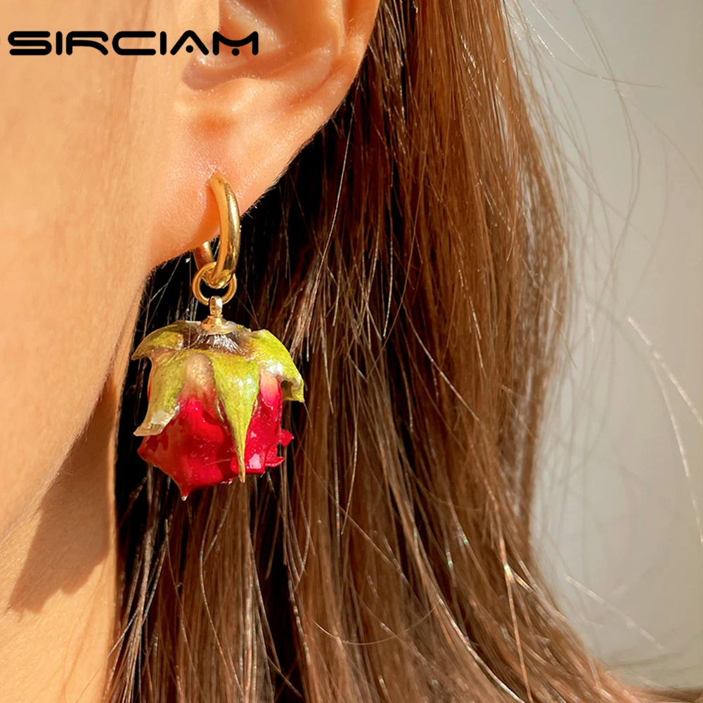 

New Red Rose Dangle Earrings For Women Real Flower Drop Stainless Steel Hoop Earrings Handmade Vintage Wedding Jewelry Wholesale