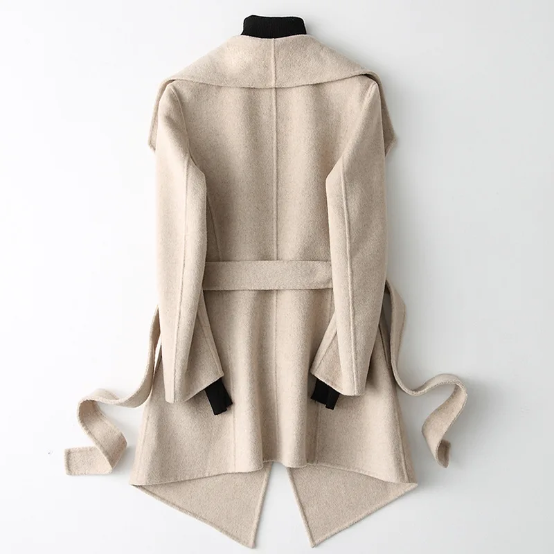 Осенне зимнее шерстяное пальто для женщин длинный пояс двусторонний тонкий