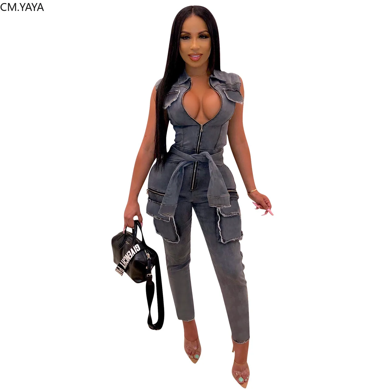 women button up sleeveless with pocket sleeve sashes safari denim jumpsuit classic fashion jeans romper playsuit 2 color GLQ314 | Женская