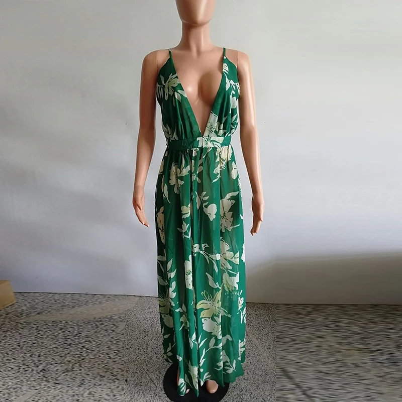 Женская обувь зеленого цвета в стиле Бохо Пляжное Платье макси с принтом летние