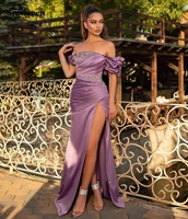 smileven purple pleats mermaid evening dress off the shoulder high side split prom dresses beaded crystal dubai party gowns