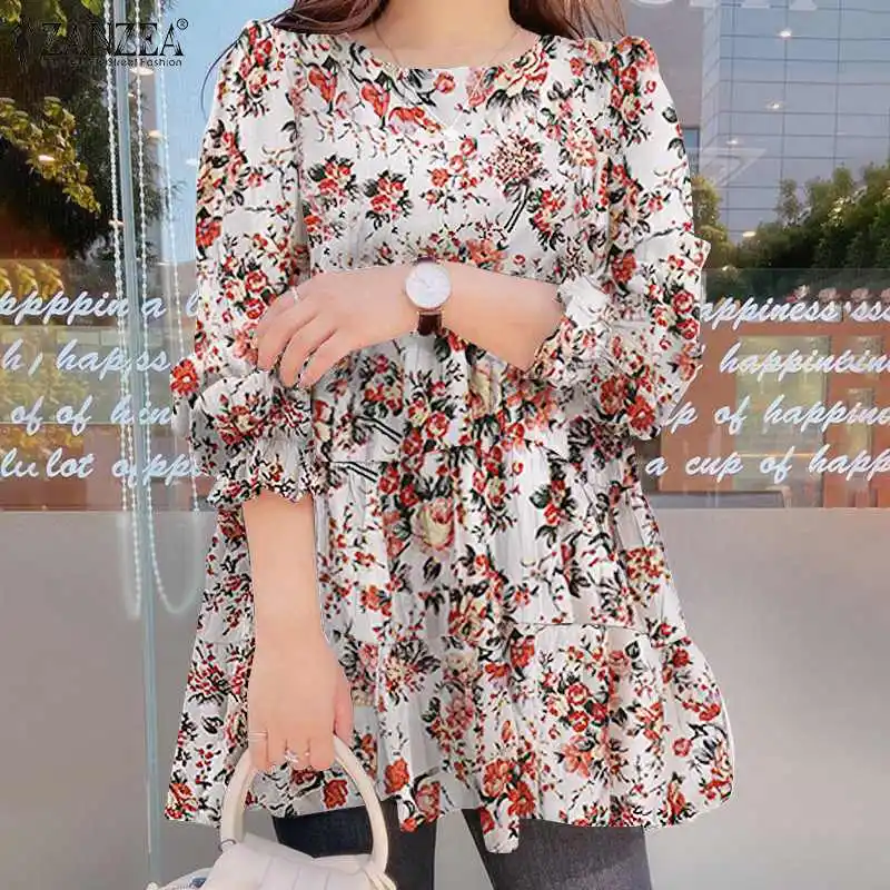 

Винтажная женская блузка ZANZEA большого размера с принтом, весна 2022, элегантный лоскутный топ с пышными рукавами и оборками, повседневная жен...