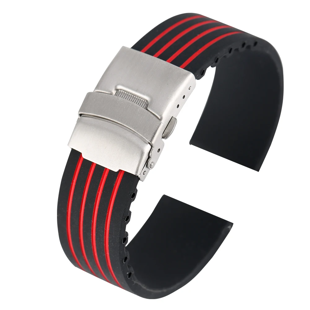 

18MM 20MM 22MM 24MM Watch Band Waterproof Watchband Silicone Stable Folding Clasp Red Replacement Stripe horloge bandjes
