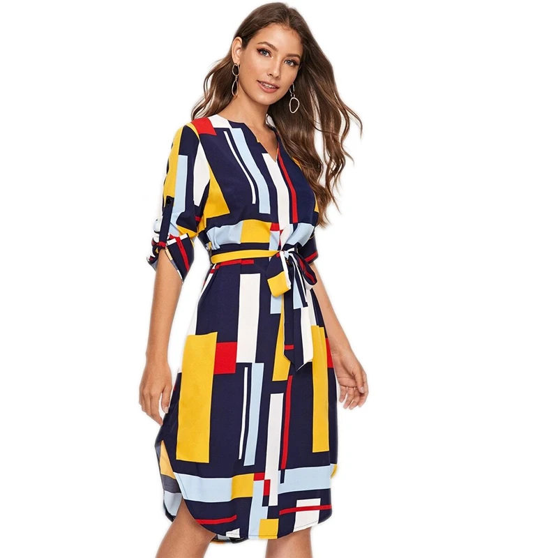 SHEIN модное Повседневное платье с v-образным вырезом и цветными блоками, с поясом, для женщин, осень, закатывающиеся рукава, пуговицы сбоку, прямые платья миди