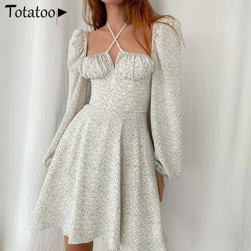 

Totatoop Floral Print France Style Dress Women 2021 Puff Long Sleeve Square Neck Slim Waist Bandage A Line Ladies Dresses White