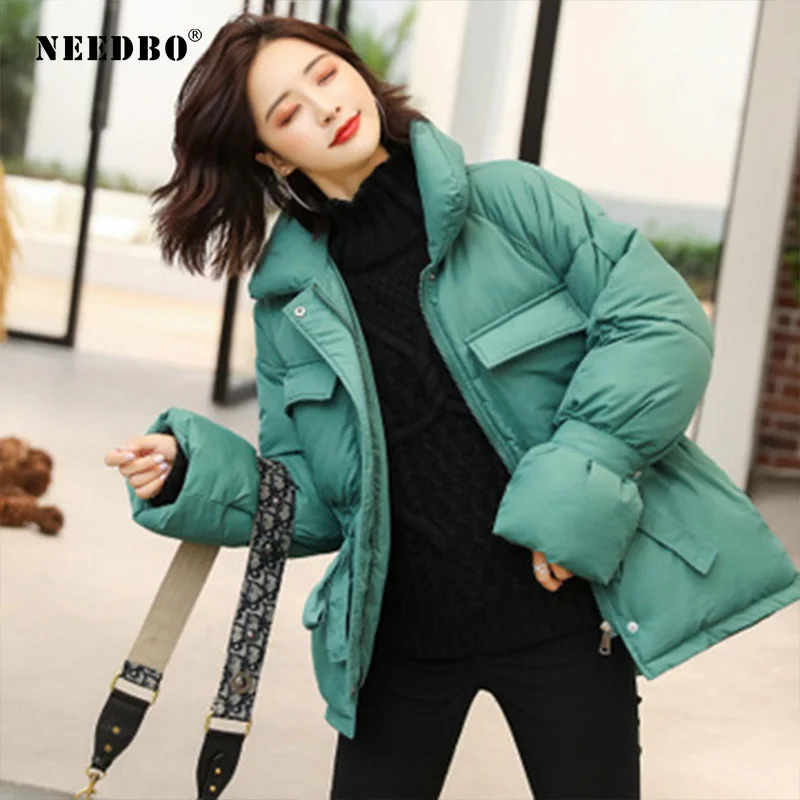 NEEDBO Down Coat Winter Oversize Korean Style Stand Collar Womens Down Jackets ultra Light Winter Jacket Coat Down Jacket Parka