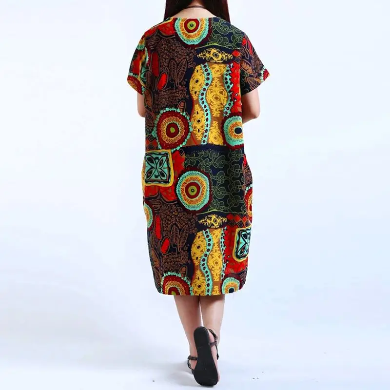 M-5XL2019 YOINS Новое Женское платье с круглым вырезом и цветочным принтом с коротким рукавом из хлопка и льна Повседневное Платье До Колена мешковатое Платье-туника размера плюс