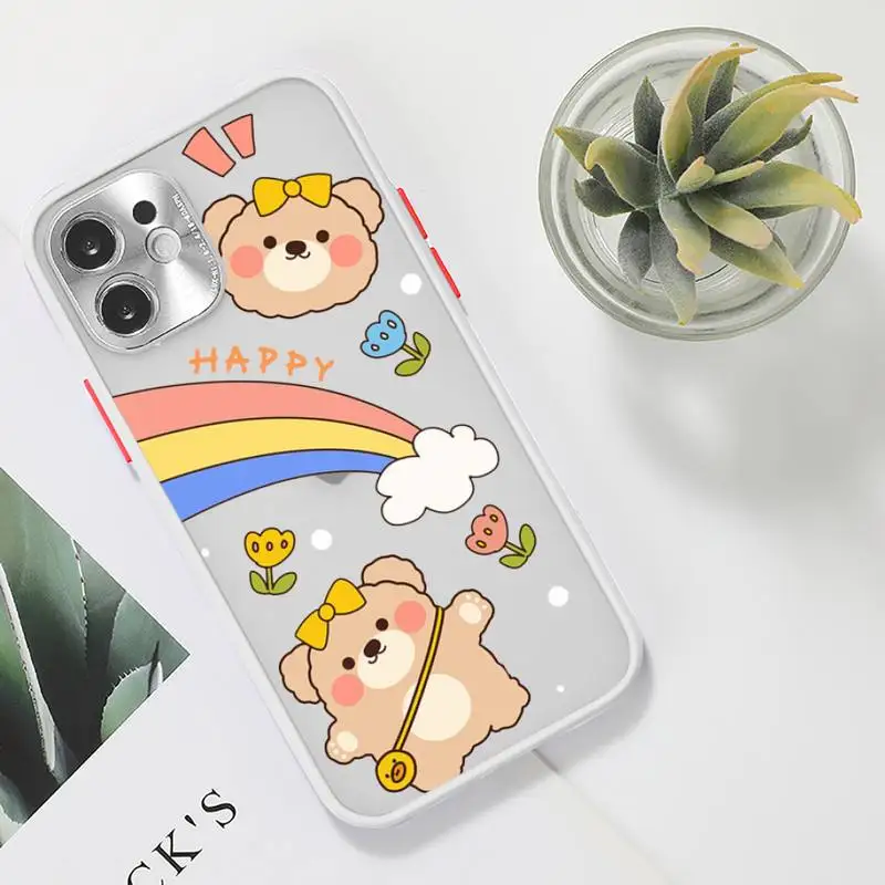 

Cute bear rabbit flower Phone Case For iPhone 12 11 Mini Pro XR XS Max 7 8 Plus X Matte transparent White Back Cover
