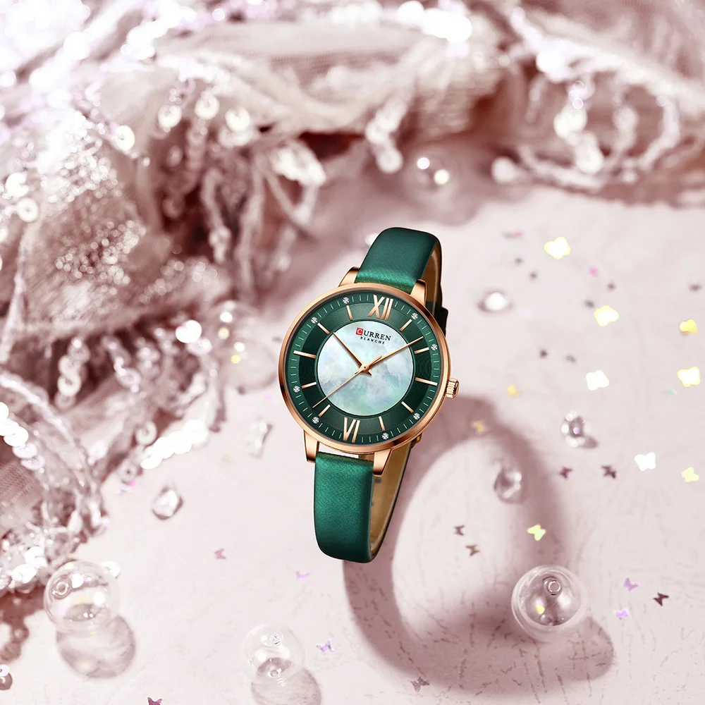 

CURREN Ladies Watches Green Quartz Wrist Women Luxury Branded Clock Elegant Charming Leather Wristwatches 2021