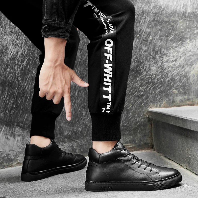 2019 autumn winter fashion men's shoes casual genuine leather male flats sneakers black high top shoe man platform for men |